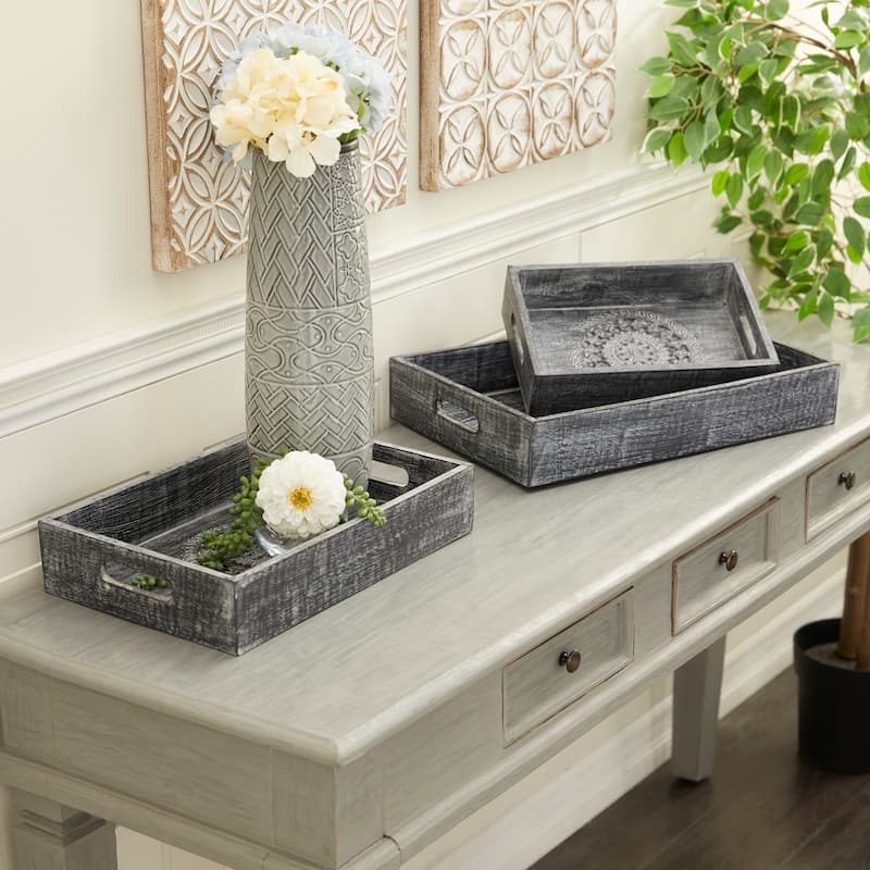 Black Wood Intricate Carved Floral Living Room Decor Tray (Set of 3) - 18 x 12 x 3