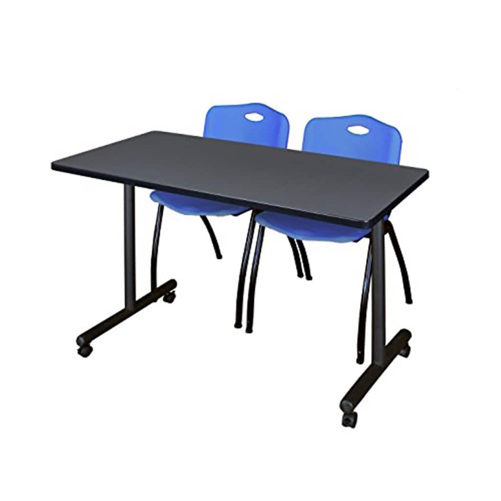 48" x 24" Mobile Training Table- Grey & 2 'M' Stack Chairs- Blue