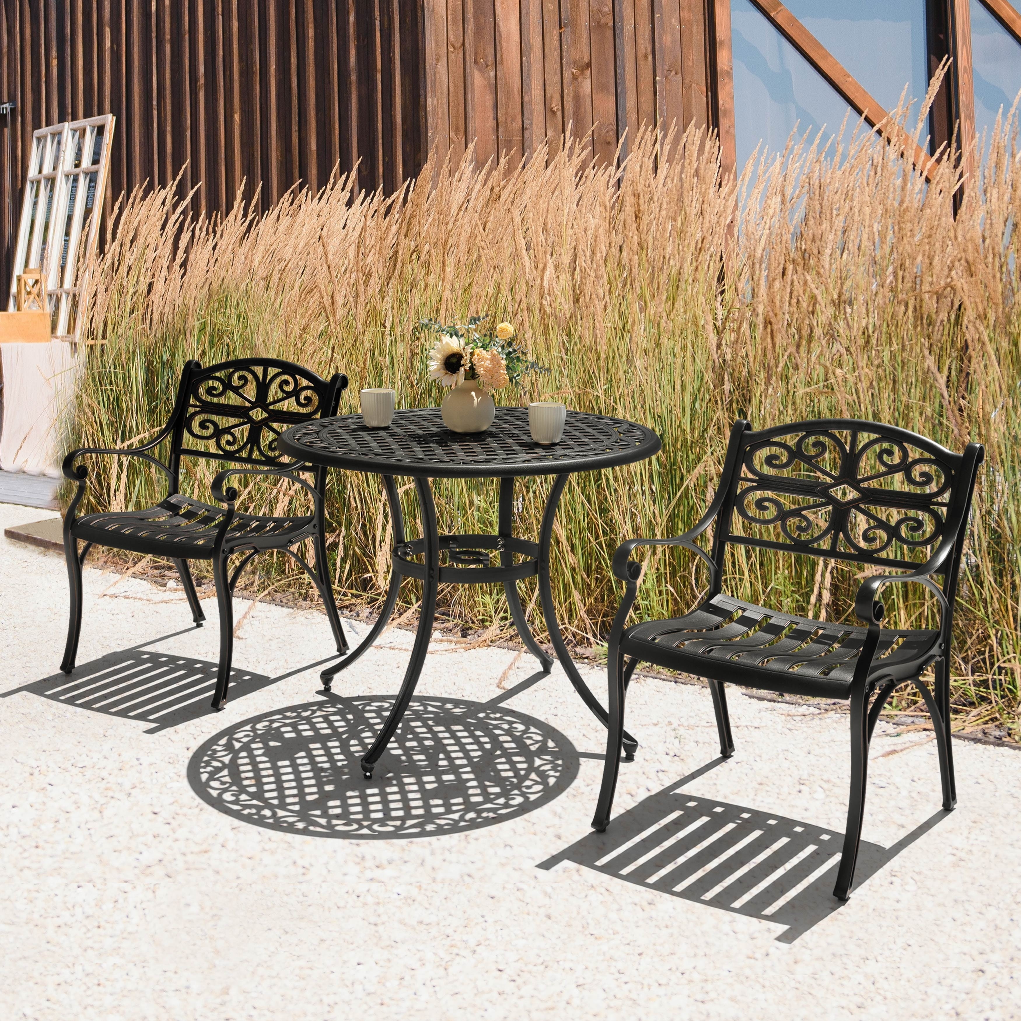 Nuu Garden Outdoor Bistro Set of 3 Cast Aluminum Bistro Set with Umbrella Hole