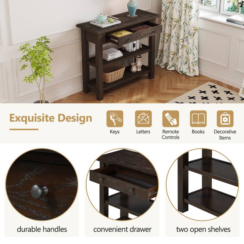 36" Retro Console Table with Drawer and Two Sturdy Shelves for Entryway or Living Room