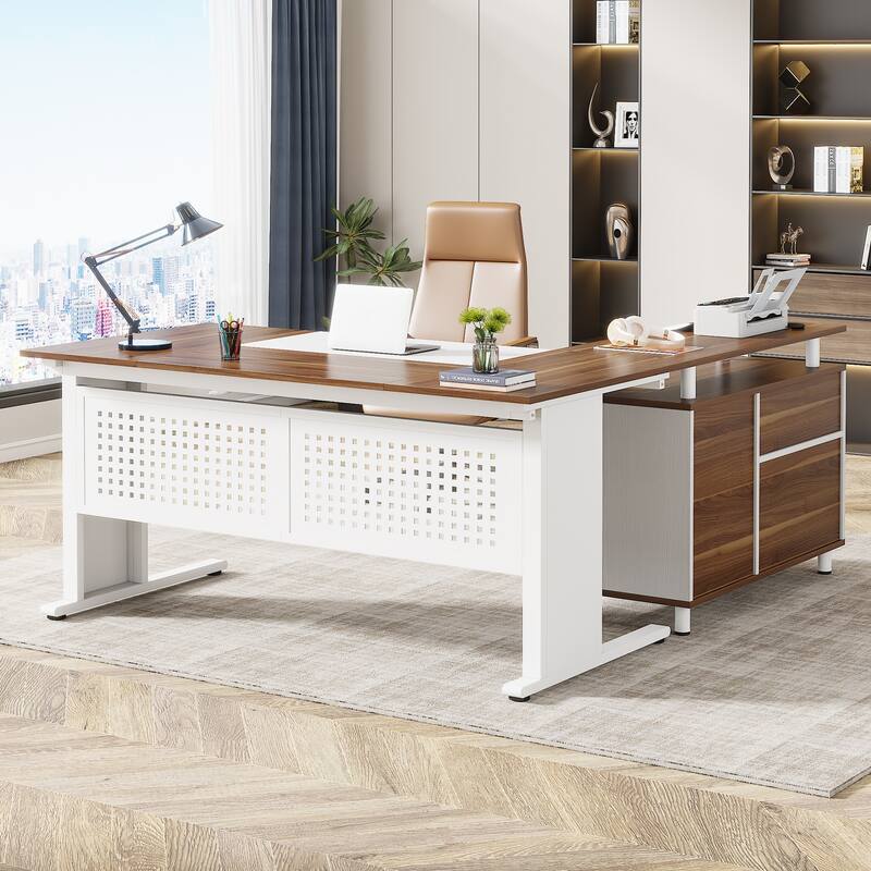63-Inch L Shaped Executive Desk with File Cabinet, Large Computer Desk with Drawer and Shelves for Home Office