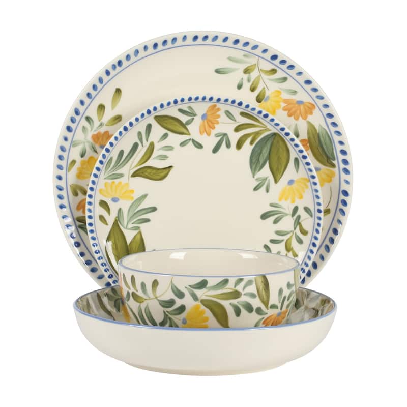 Bloomhouse Posy Blossom 16 Piece Double Bowl Hand Painted Stoneware Plates and Bowls Floral Dinnerware Set