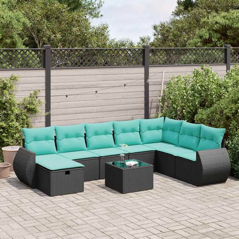 vidaXL 8 Piece Patio Sofa Set with Cushions Black Poly Rattan - 21.7 x 24.4 x 27.2 - Storage unit in black - 8-piece