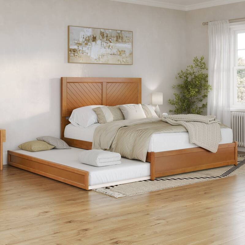 Clayton Platform Bed with Panel Footboard and Twin XL Trundle - Light Toffee - Queen