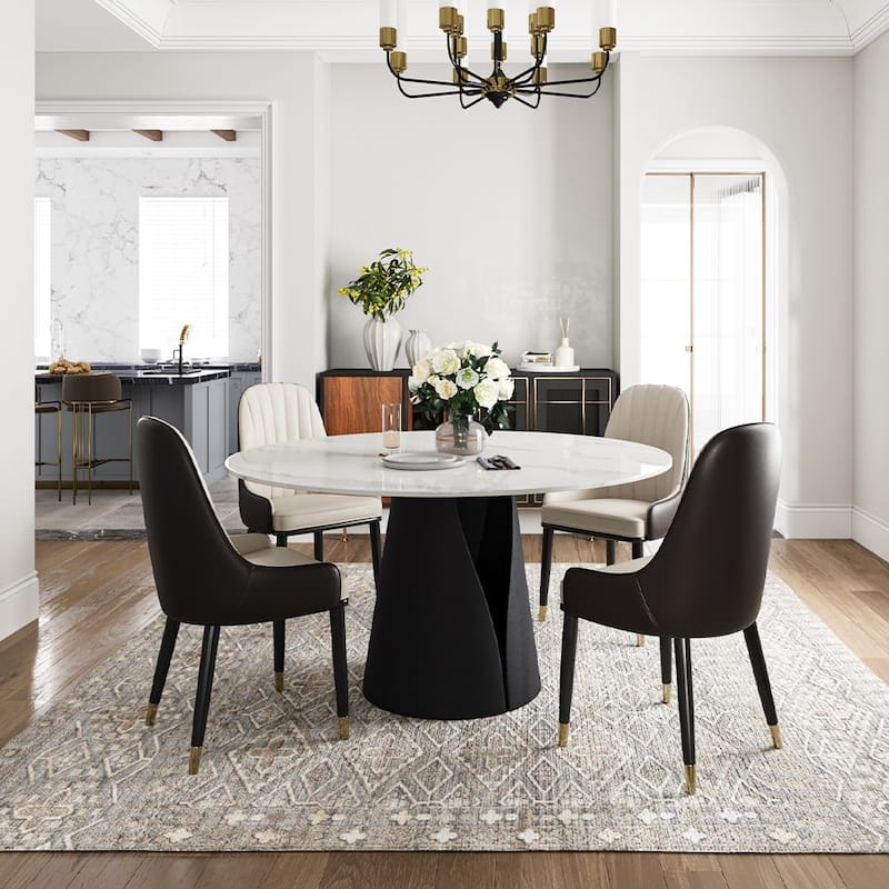 Modern Round White Dining Table，Sintered Stone Tabletop, Solid Black Carbon Steel Base - 51" - Matte White Tabletop-Black Base