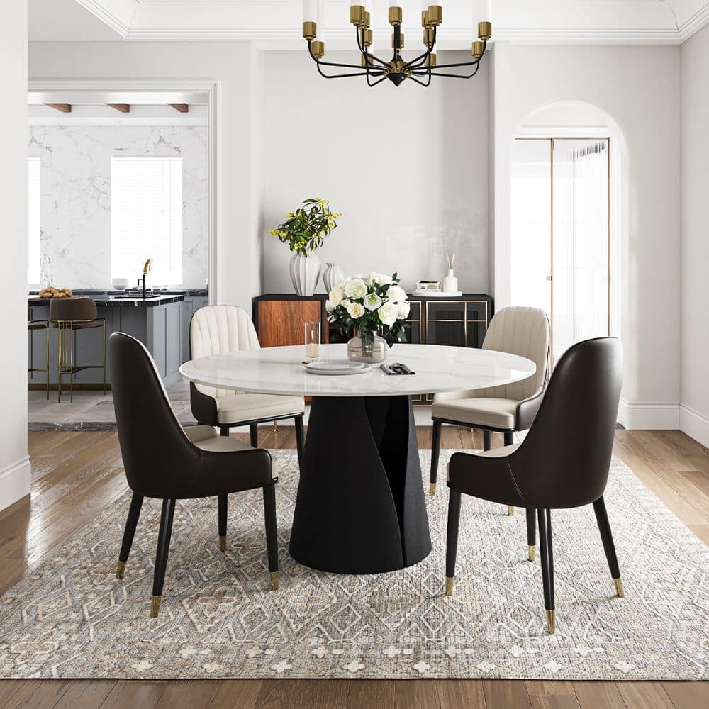 Modern Round White Dining Table，Sintered Stone Tabletop, Solid Black Carbon Steel Base