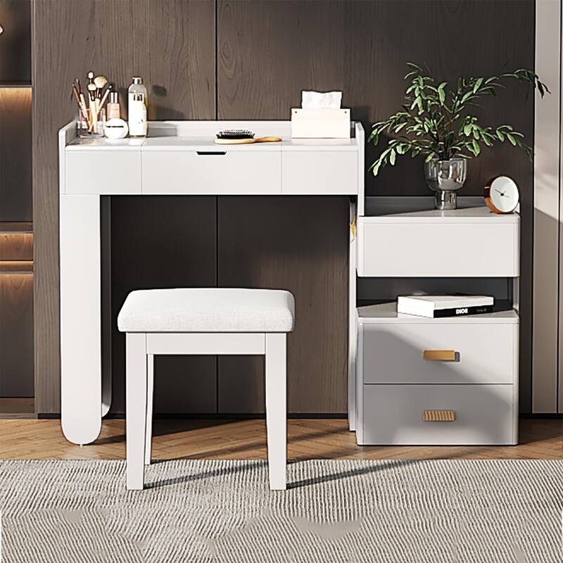 3-in-1 LED Makeup Vanity Desk - Flip-Top Mirror, Adjustable Length & Ample Drawers with Stool