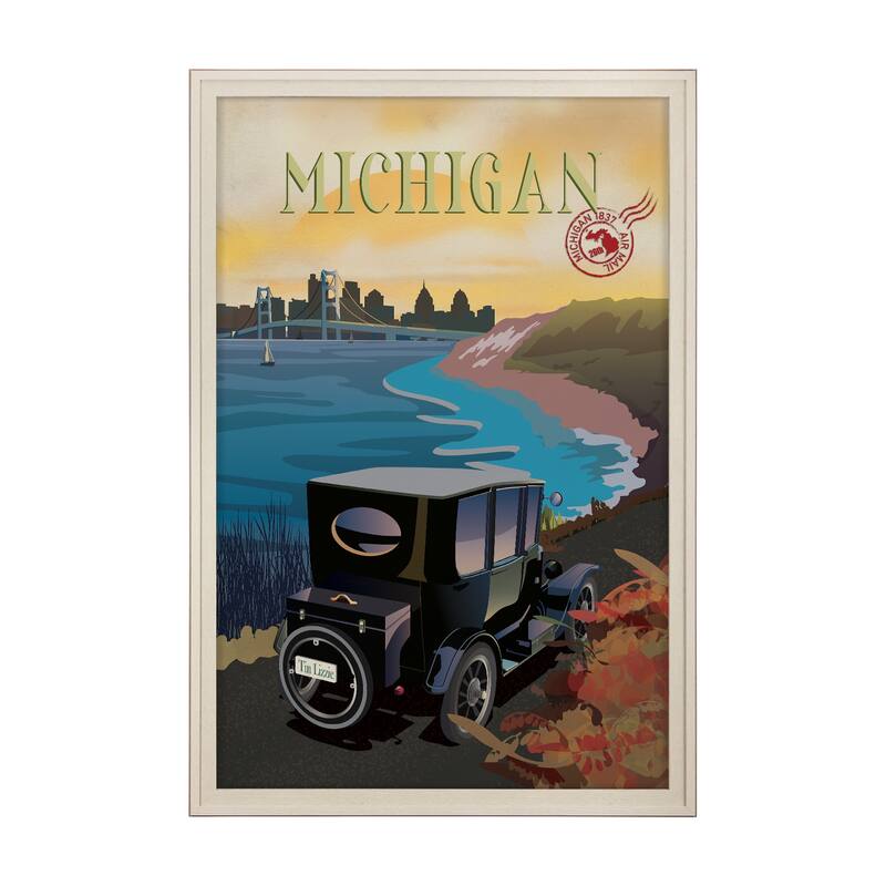 Michigan Go USA by Mercana Studio a Hand Embellished Framed Art Print Series - 41.5 x 61.5 - Brown