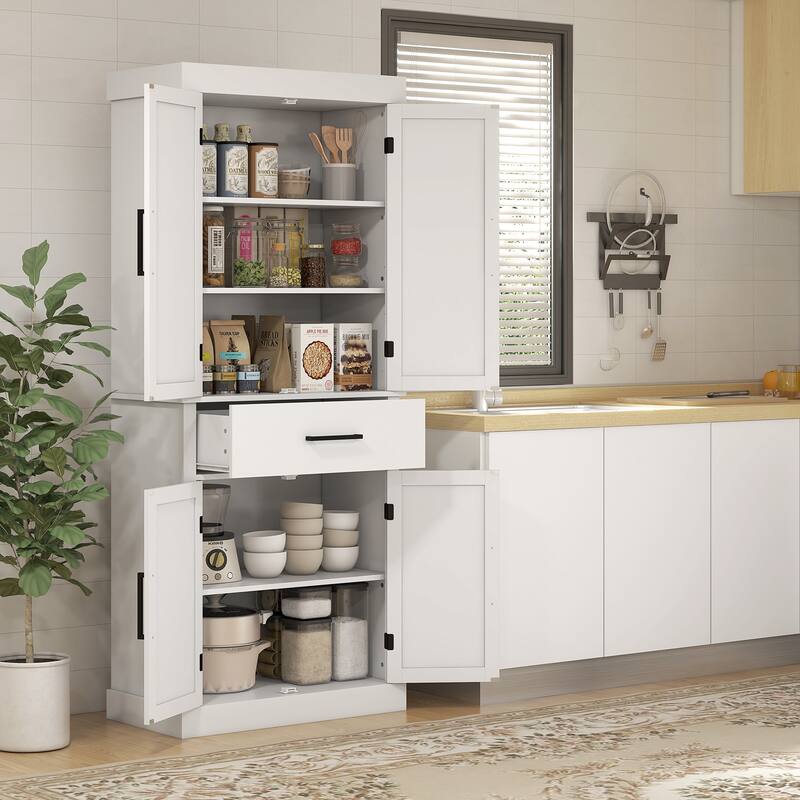 72" Tall Kitchen Pantry Storage Cabinet, Farmhouse Freestanding Kitchen Cabinet with 4 Barn Doors, Drawer