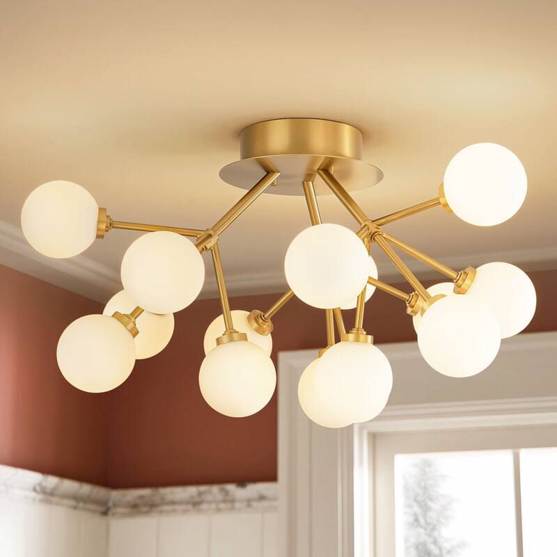 15-Light Modern Gold Sputnik Cluster Frosted Opal Glass Globe Bubble Semi-Flush Mount LED Light - 23.62 in. W x 13.78 in. H