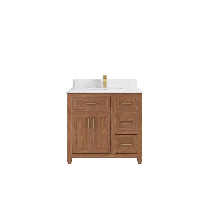 Willow Collections 36 in. W x 22 in. D Santa Monica Teak Bathroom Vanity Center with Countertop - 1.5”Empira White - Dark Natural Teak