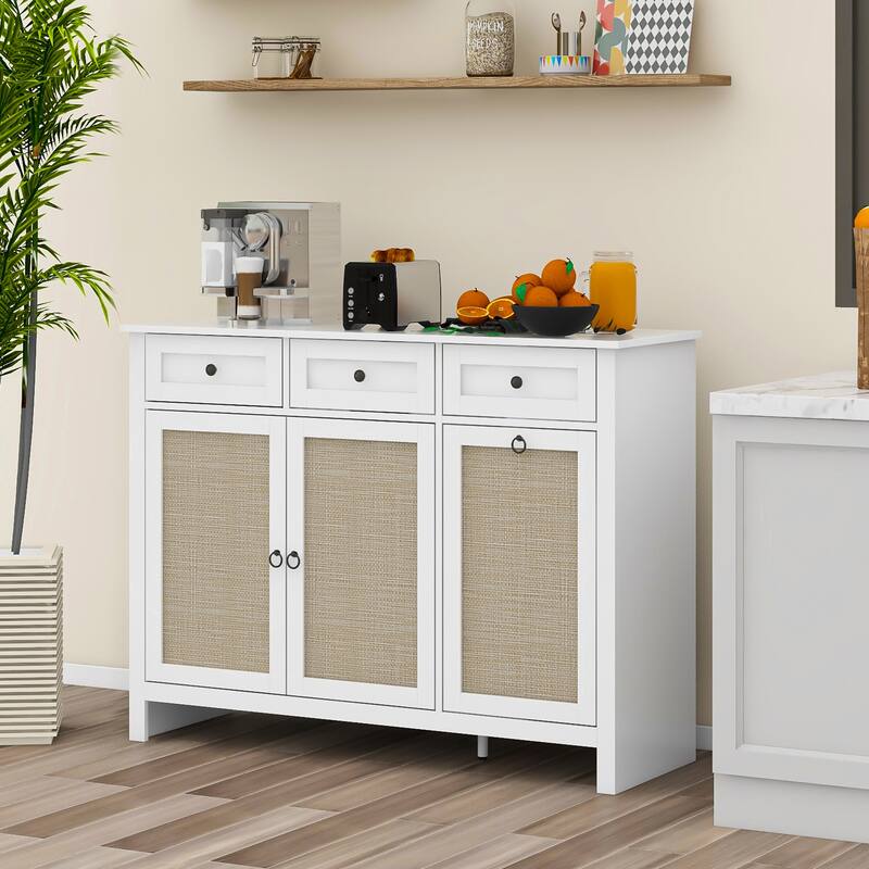 Rattan Kitchen Trash Can with 3 Drawers and 2 Doors, Wooden
