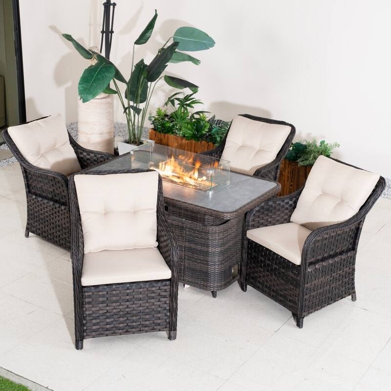 Outdoor Wicker Height-Adjustable Fire Pit Table Set with Rattan Chairs