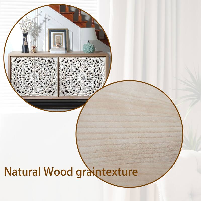 Rustic Carved Sideboard Buffet, Wood 4-Door Accent Cabinet, Storage Cabinet with Floral Hand-Carved Doors