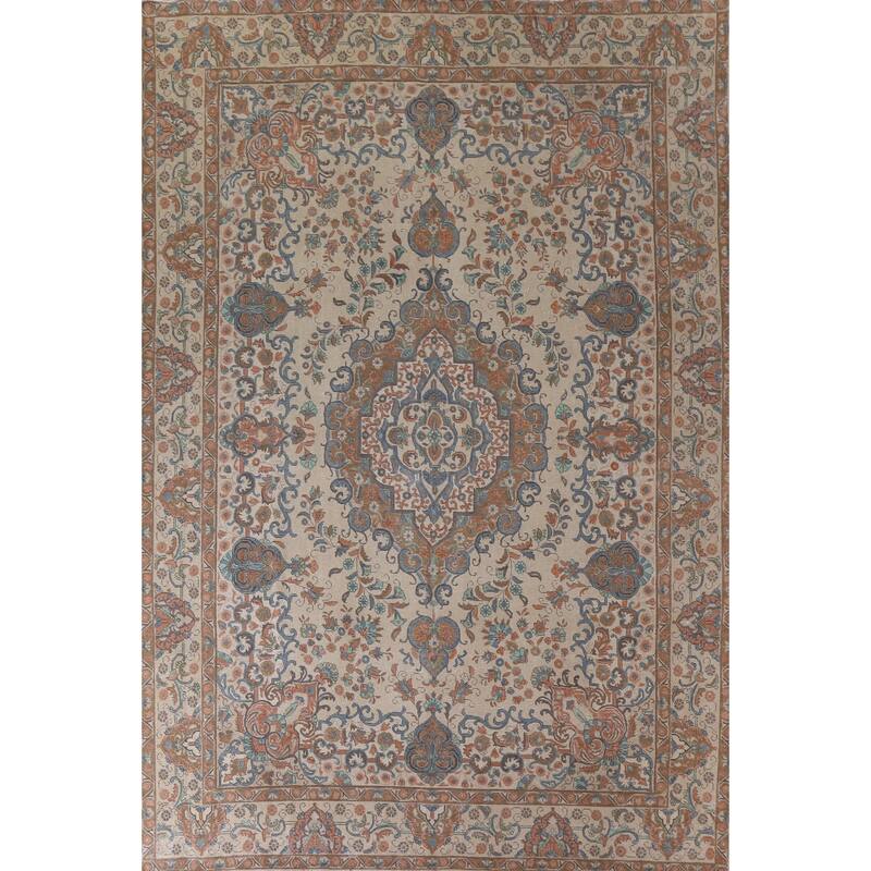 Hand Knotted Oriental 100% Wool Carpet Traditional Floral Beige & Ivories Tabriz Area Rug - 12' 9'' X 9' 9''