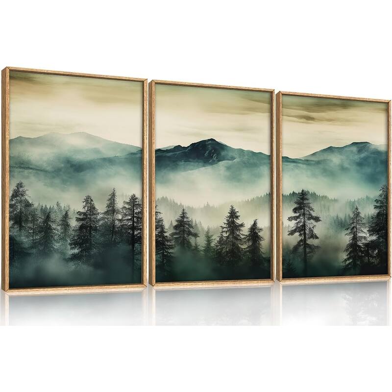 Green Foggy Forest Mountain Framed Canvas Wall Art Set - 24 x 36