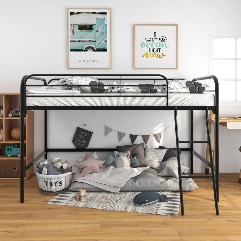 Black Metal Twin Size Loft Bed with Full-Length Guardrails, Durable Frame, and Ladder for Compact Spaces