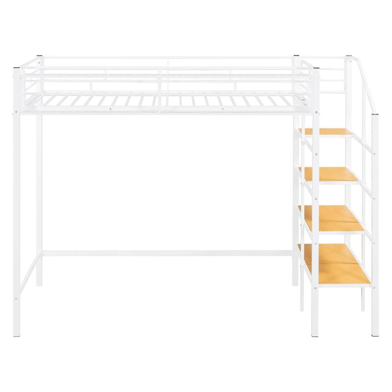 Twin Size Metal Loft Bed with Grid Storage Shelf and 4 Layers Storage Ladder, Heavy Duty Metal Bed Frame, High Loftbed