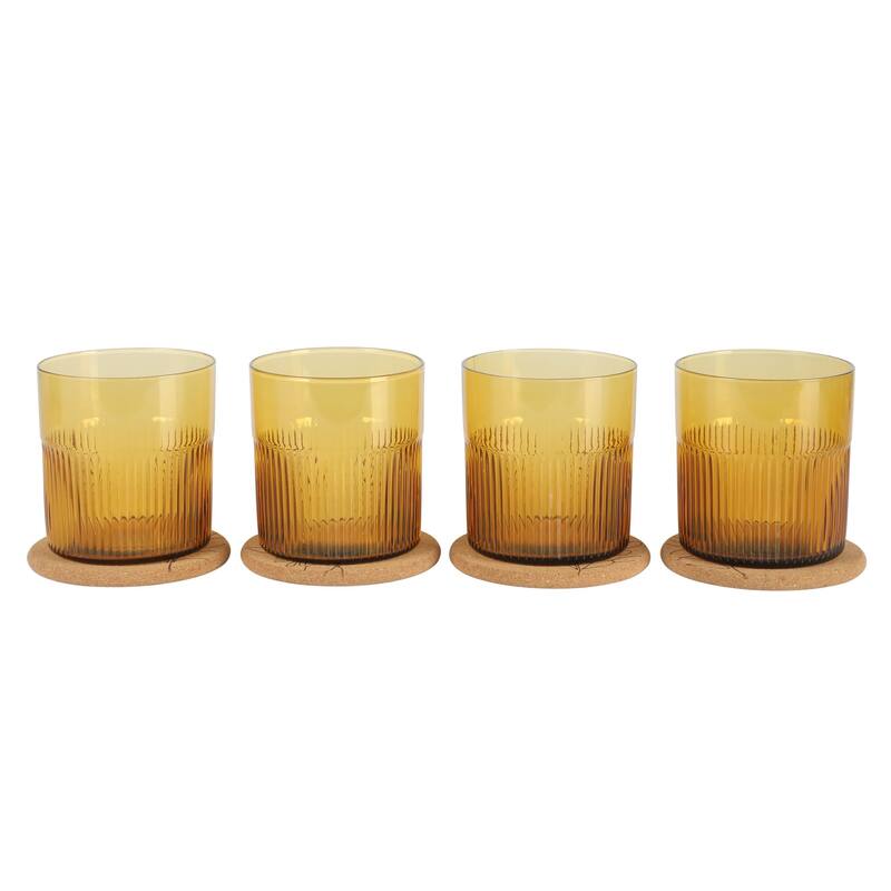 Bloomhouse Lyon Sky 8 Piece Hand Made 16 OZ Colored Glass Couble Old Fashioned Set W/ Coasters - Amber