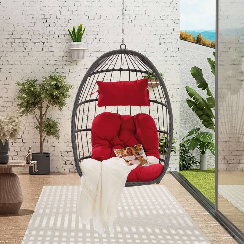 Outdoor Grey Wicker Foldable Swing Hammock Hanging Egg Basket Chair