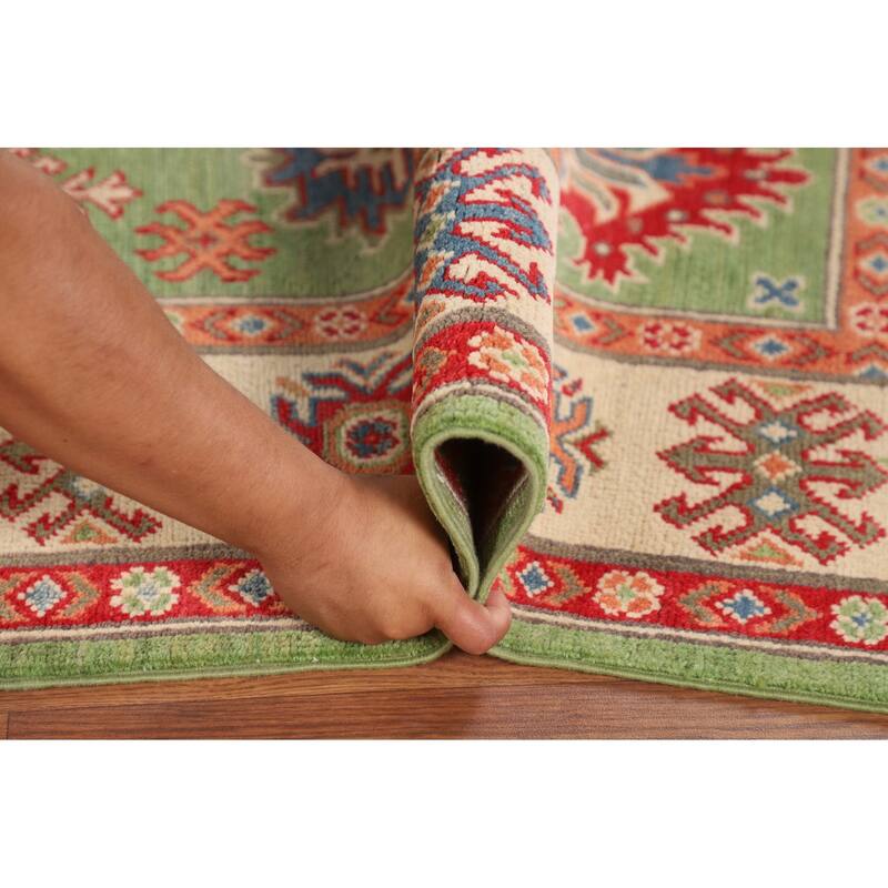 Traditional Green Kazak Oriental Area Rug Hand-Knotted Wool Carpet - 4'11" x 6'9"