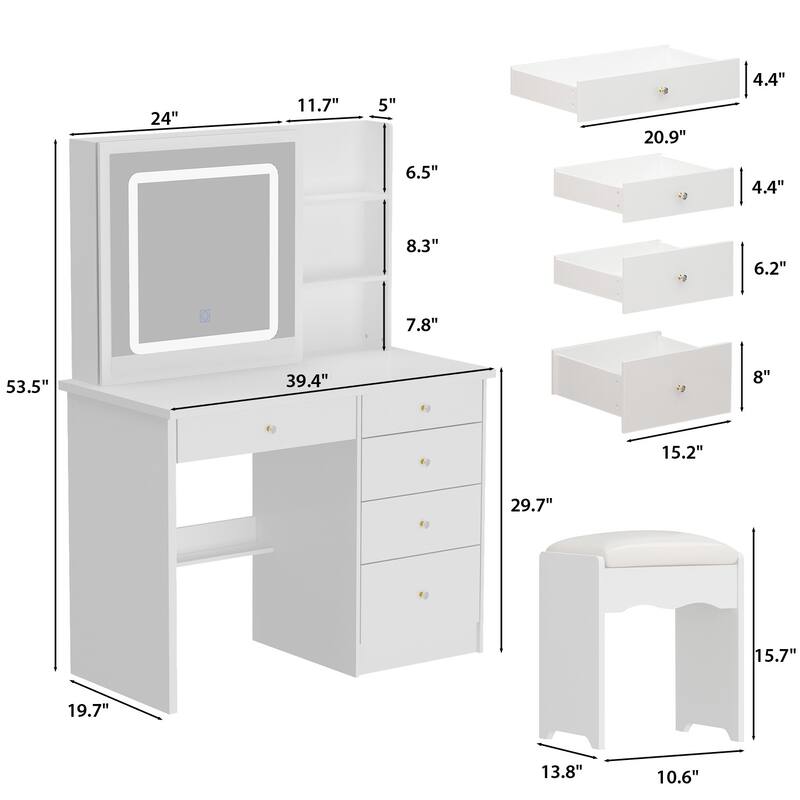 39.4"Wide Makeup Vanity Set with Stool and Touching Light Mirror - 39.4"W