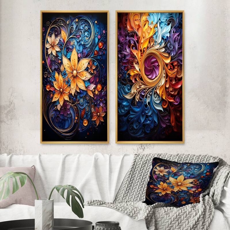 Designart "Spiral Kaleidoscope" Abstract Spirals Framed Wall Art Set Of 2 - Gold Gallery Wall Set For Home Decor - 24 in. wide x 20 in. high - Gold