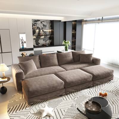 Sectional Couch with 3 Ottoman, 102.4" Corduroy Deep Seat Couches with Pillows, Convertible Sofa Lounge Chair for Living Room