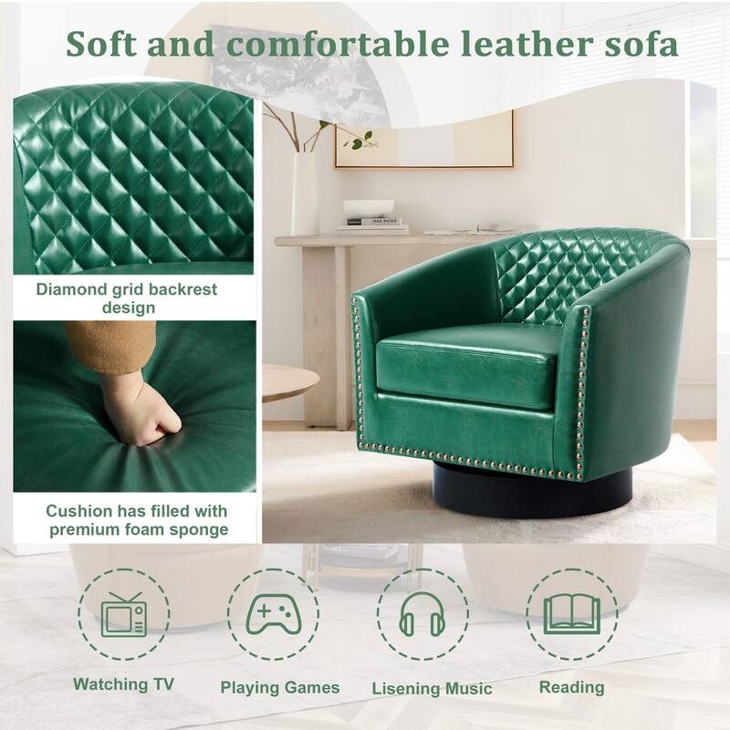 2 Set Tufted PU Vegan Leather Swivel Barrel Chair with Nailheads Trim