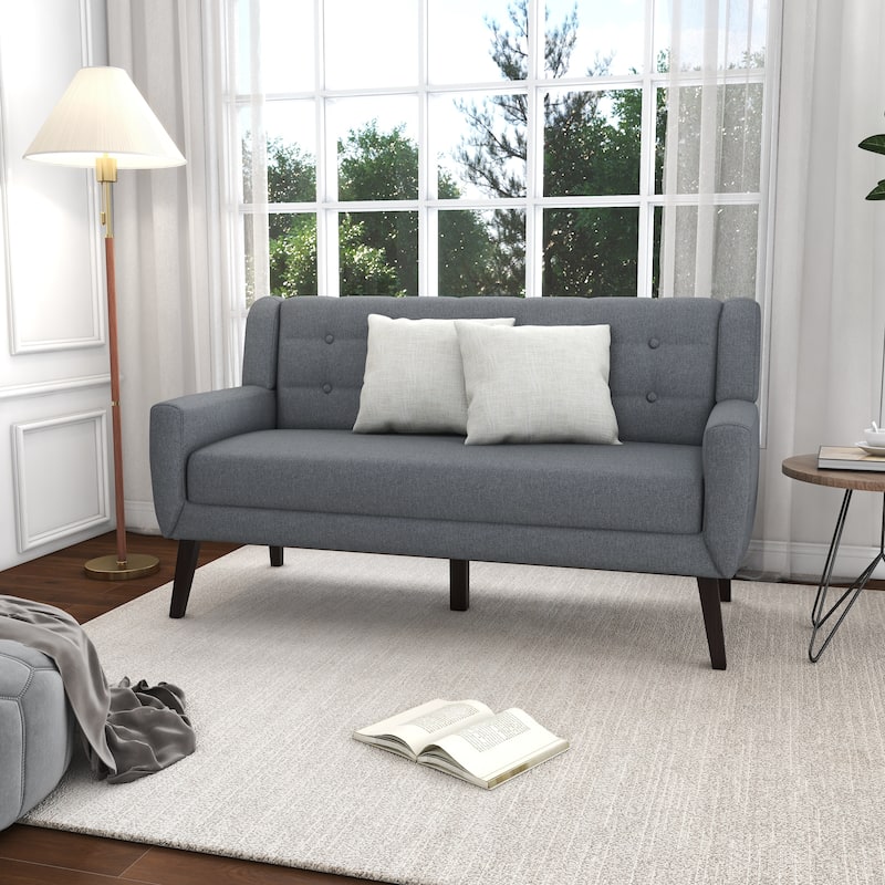 Mid-Century 63-Inch Linen Tufted Loveseat Sofa with Pillows - Gray