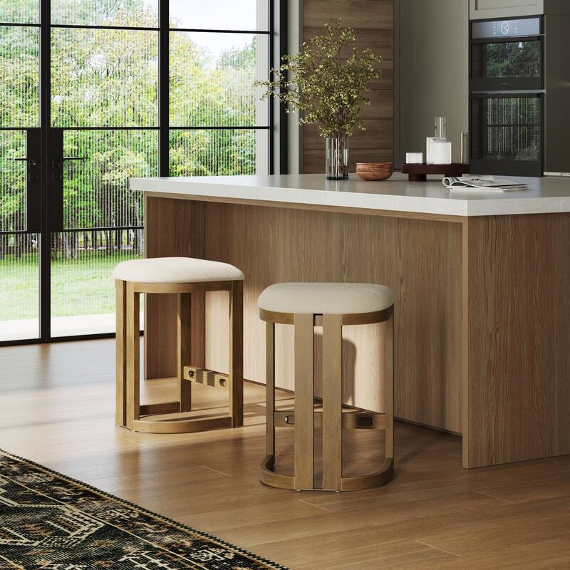 Veya Modern Barrel Bar Stool with Solid Wood Legs and Boucle Upholstery