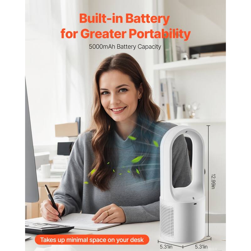 Portable Desk Bladeless Fan 6-Speed with Battery for Bedroom Office