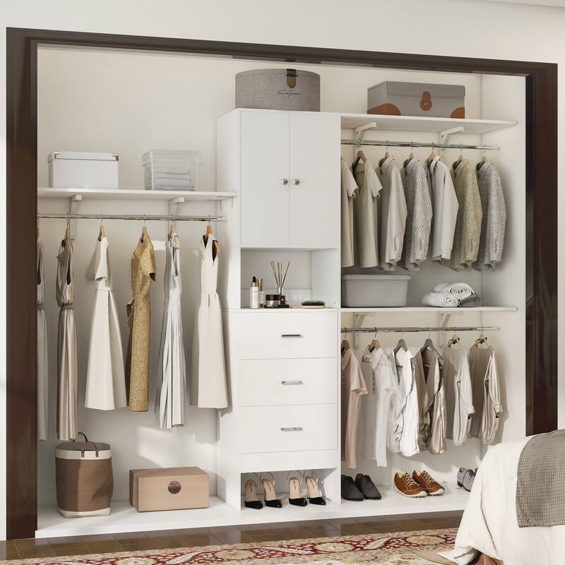 20''-96'' Wide Wooden Closet Organizer With Doors, Adjustable Closet System with Drawers and Hanging Rods - White