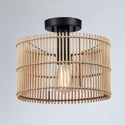 True Fine Eclectic Natural Rattan and Bamboo Semi Flush Mount Ceiling Light with Black Hardware - 11.8"W