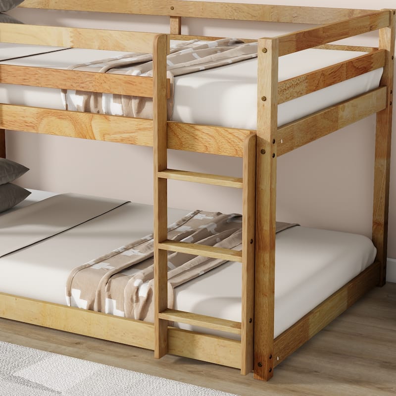 Natural Twin over Twin Size Solid Rubber Wooden Loft Bed with Ladder, Platform of Strengthened Slats