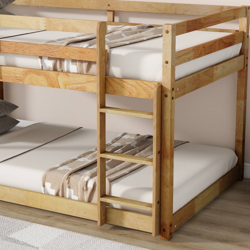 Solid Rubber Wood Twin over Twin Floor Bunk Bed with Ladder, Natural