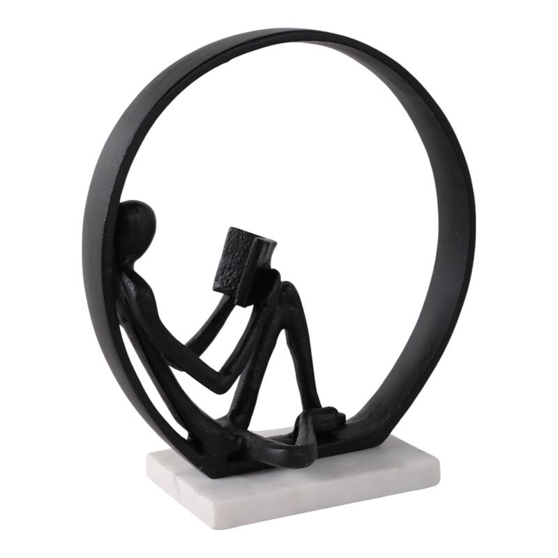 Metal Marble Sculpture Human Figure in Circular Frame - 11" Black - 9.75" x 4.75" x 11"