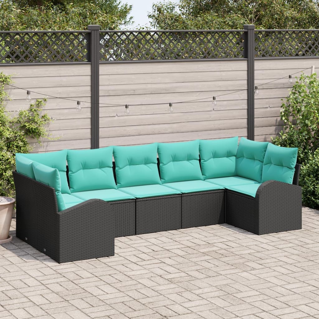vidaXL 7 Garden Sofa Set with Cushions Black Poly Rattan - 113.8 x 48.8 x 27.2