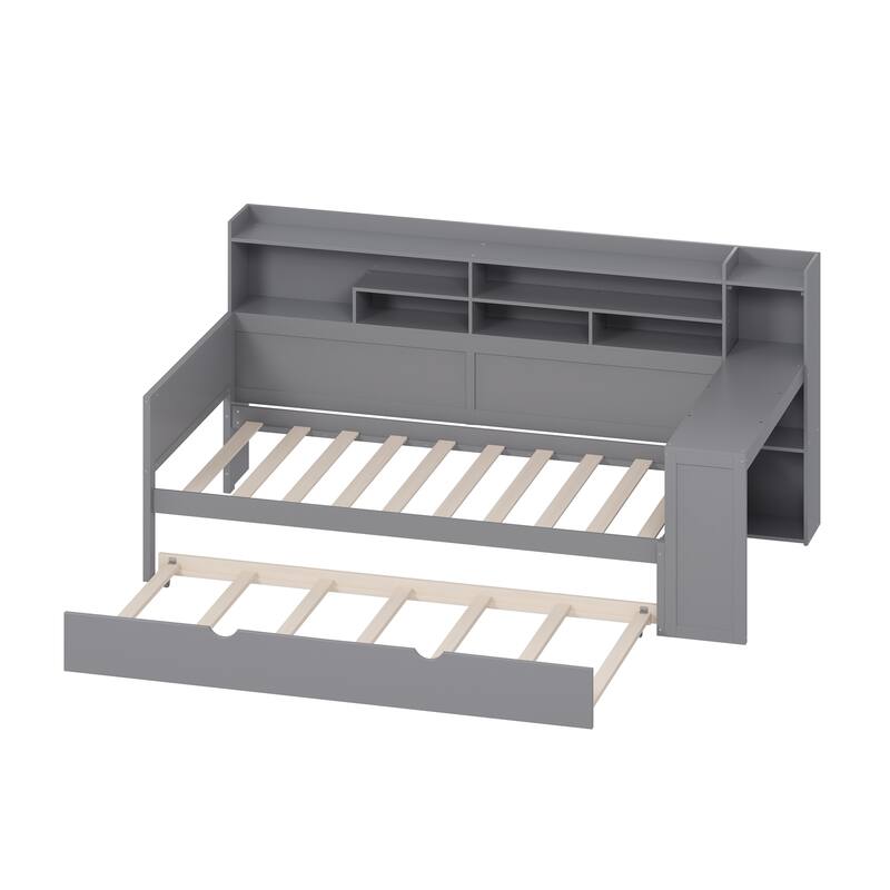 Wooden Twin Size Daybed with Storage Shelves, Multi-functional Bed with Twin Size Trundle Bed and Study Desk, Gray