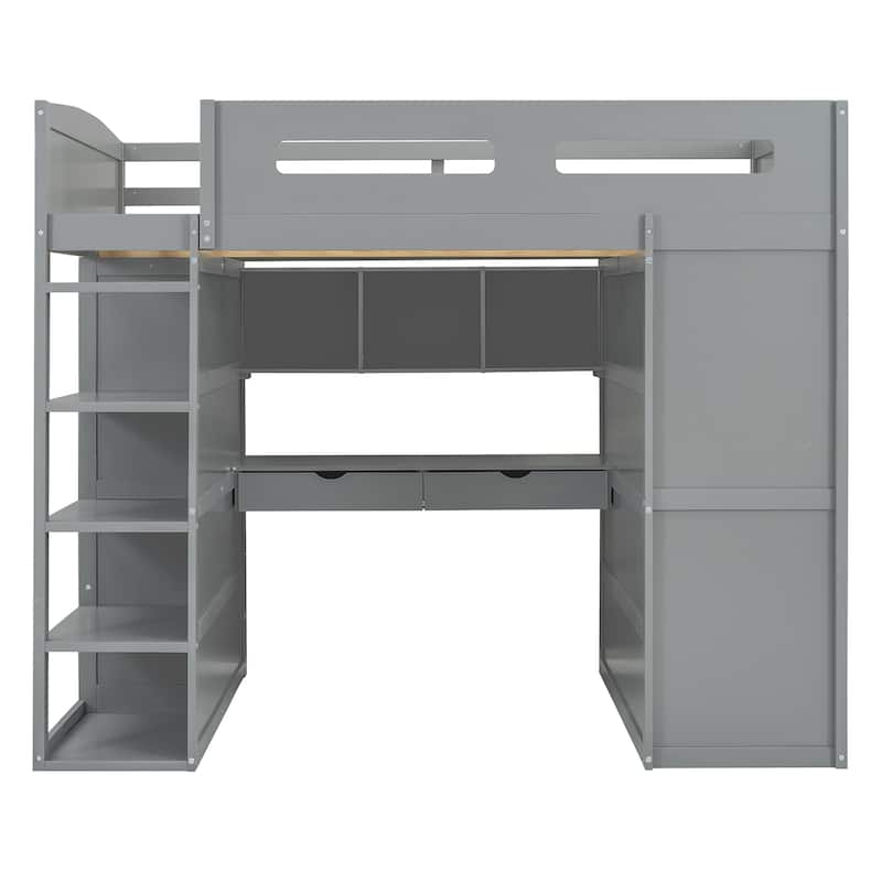 Full Size Solid Wood Loft Bed with Desk, Wardrobes, and Shelves