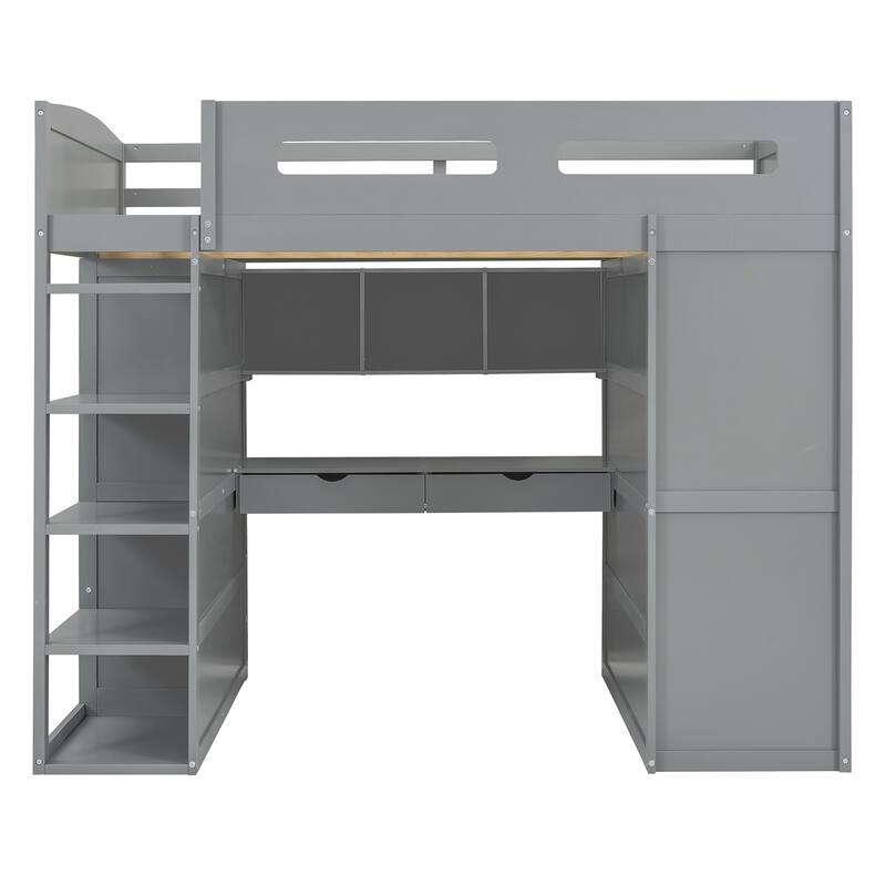 Full/Twin Size Loft Bed with Desk, Wardrobes, 4 Drawers and 4 Shelves