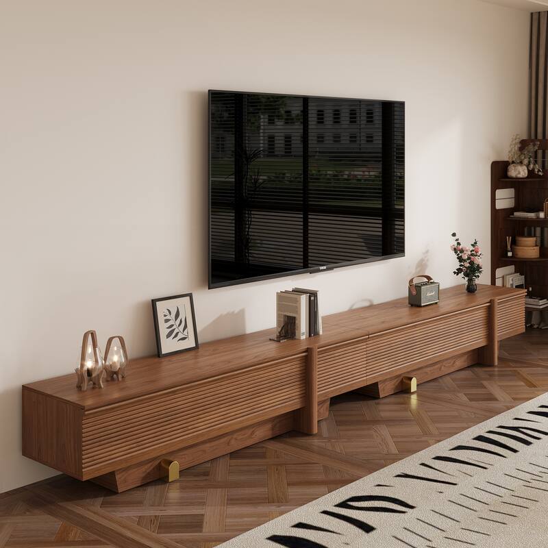 71" Modern Wooden TV Stand, Floor-Standing Media Console with Ribbed Storage and Gold Accents