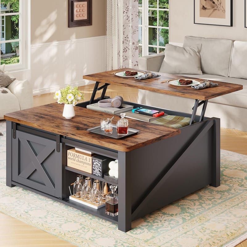 Coffee Table Lift Top Square Center Table Barn Door Adjustable Shelves