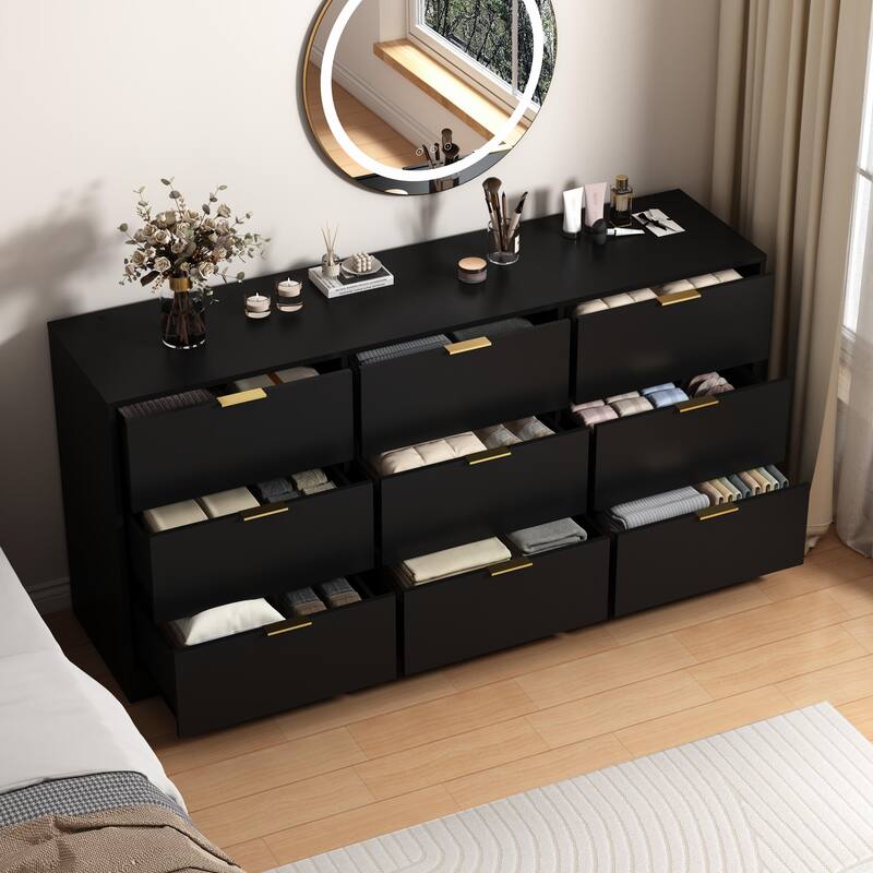 9 Drawer Dresser, 63" Large Deep Chest Of Drawers,Wooden Dresser Storage Cabinet With 9 Drawers, Long Dressers