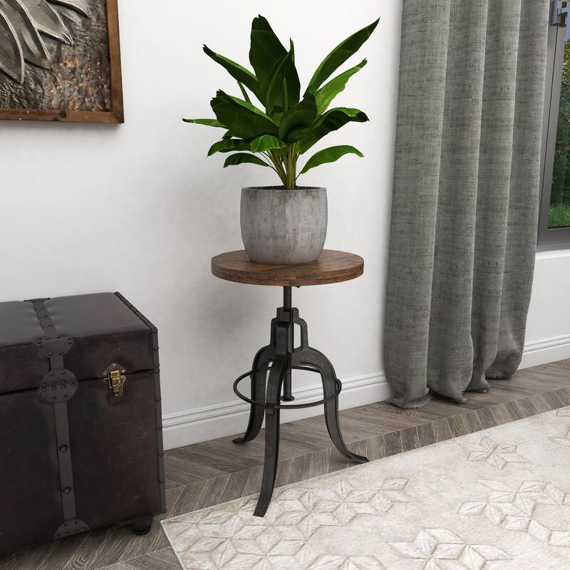 Black Metal Vintage Industrial Inspired Stool with Brown Adjustable Wood Seat