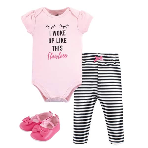 slide 1 of 1, Little Treasure Baby Girl Cotton Bodysuit, Pant and Shoe 3pc Set, Flawless Short-Sleeve 0-3 Months - Flawless Short-Sleeve