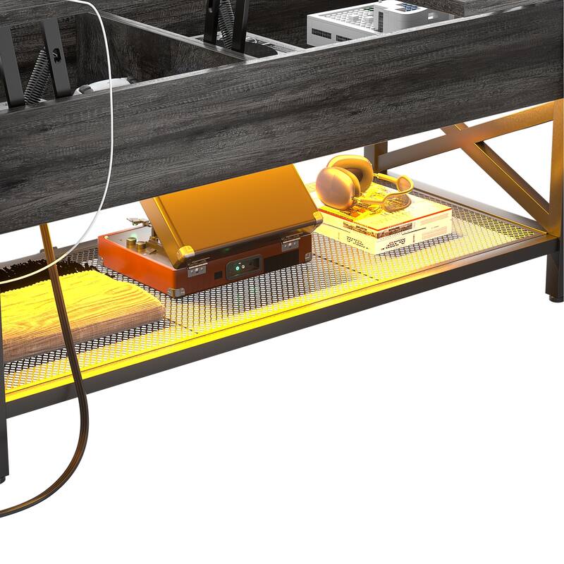 Modern Farmhouse Lift Top Coffee Table with USB Port and LED light, Living Room Accent Table