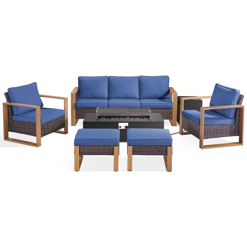 Meyreso Wicker Patio Conversation Set with Metal Fire Pit Table & 4.5-Inch Olefin Cushions