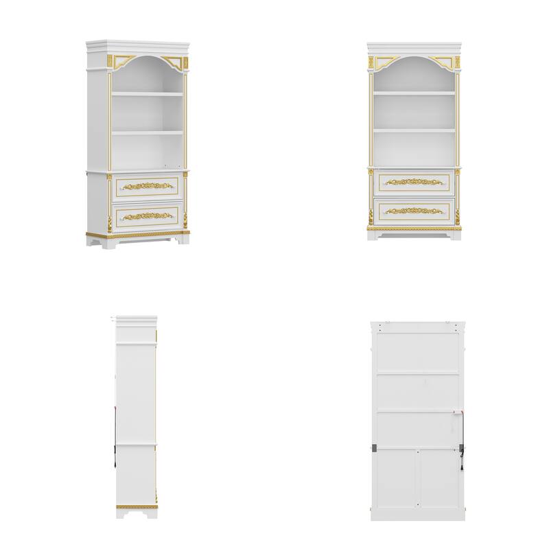 Display Cabinet with Drawers Tall Wine Bar Bookcase with LED Light Glass Shelves, Carved Solid Wood Front, 76.6"