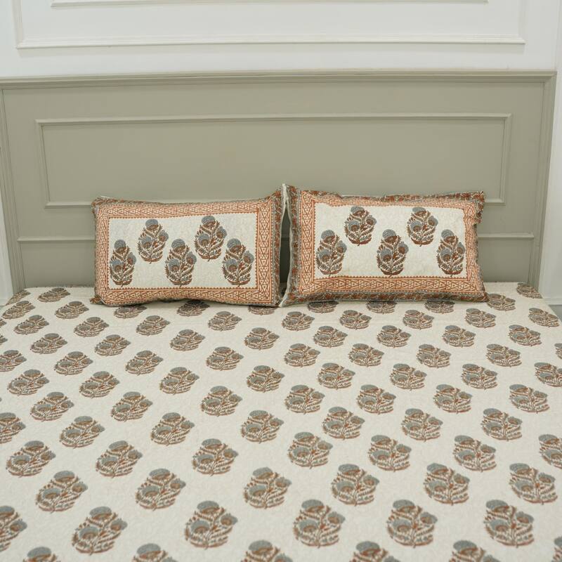 Fabdivine Cotton Hand Block Floral Flat Sheet Bed Room Home Décor Accent Gift - Mohini- Grey, Brown - Twin